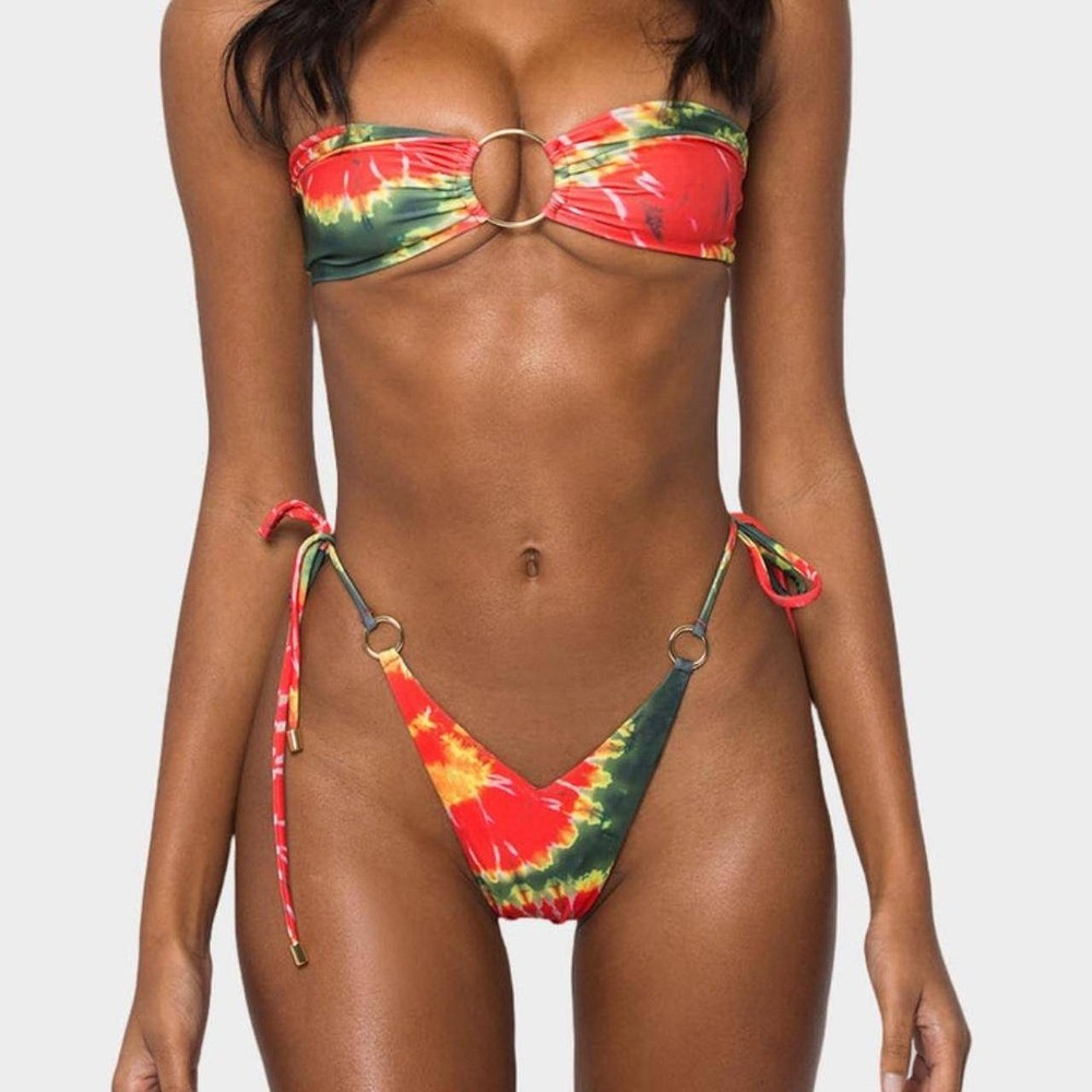 Khassani Women's Red Green Tie Dye Thong High Leg Bikini Bottom Size S
